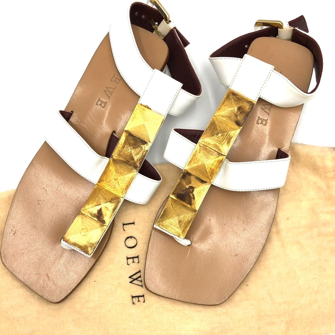 ロエベ LOEWE サンダル 36 23 cm 白 ホワイト ゴールド金具 レザー