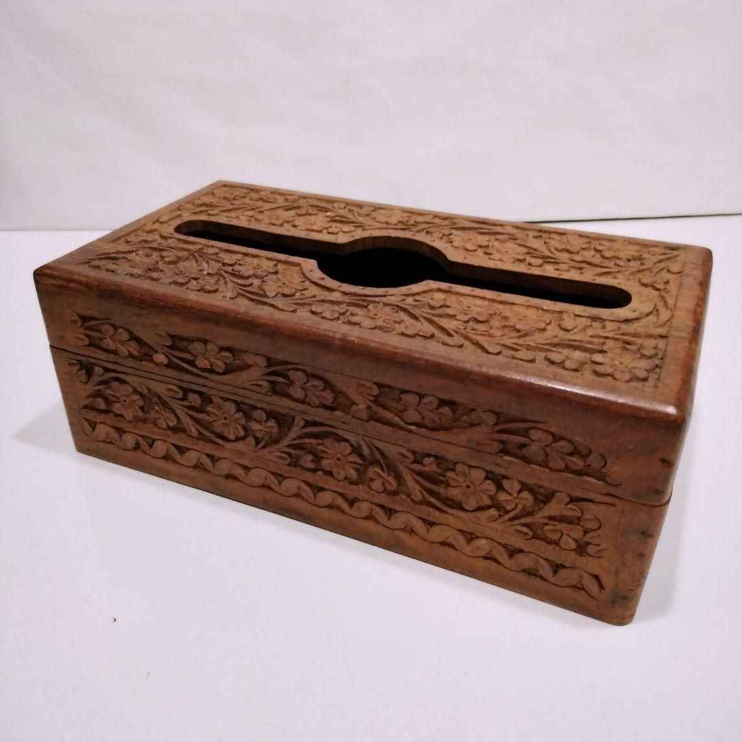 木製 木彫 彫刻 ティッシュボックス ティッシュケース アンティーク