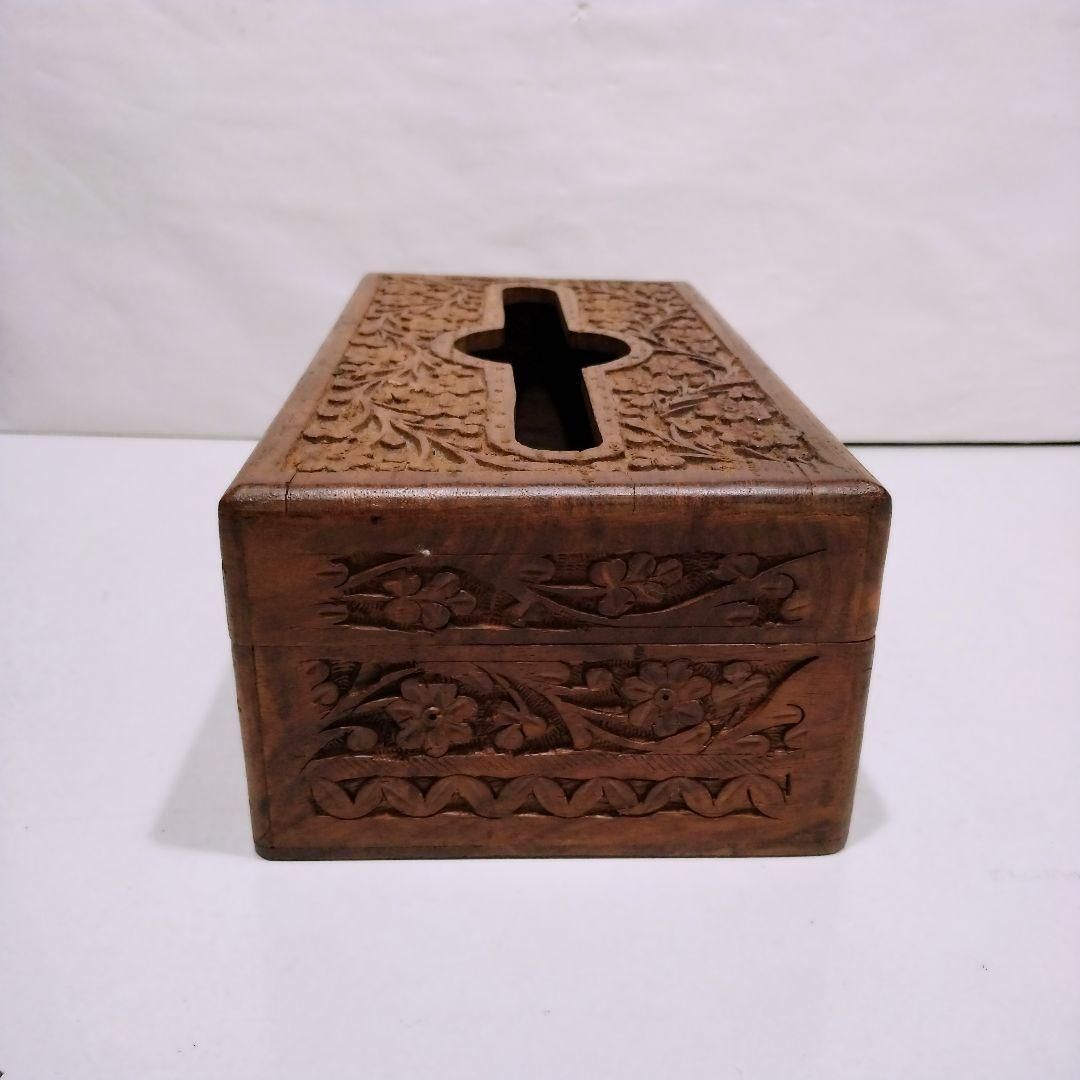 木製 花彫刻 ティッシュボックスアンティーク 木製 木彫 彫刻