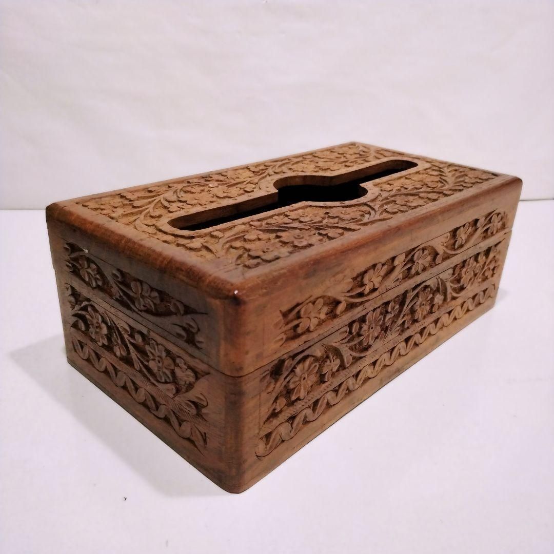 木製 木彫 彫刻 ティッシュボックス ティッシュケース アンティーク