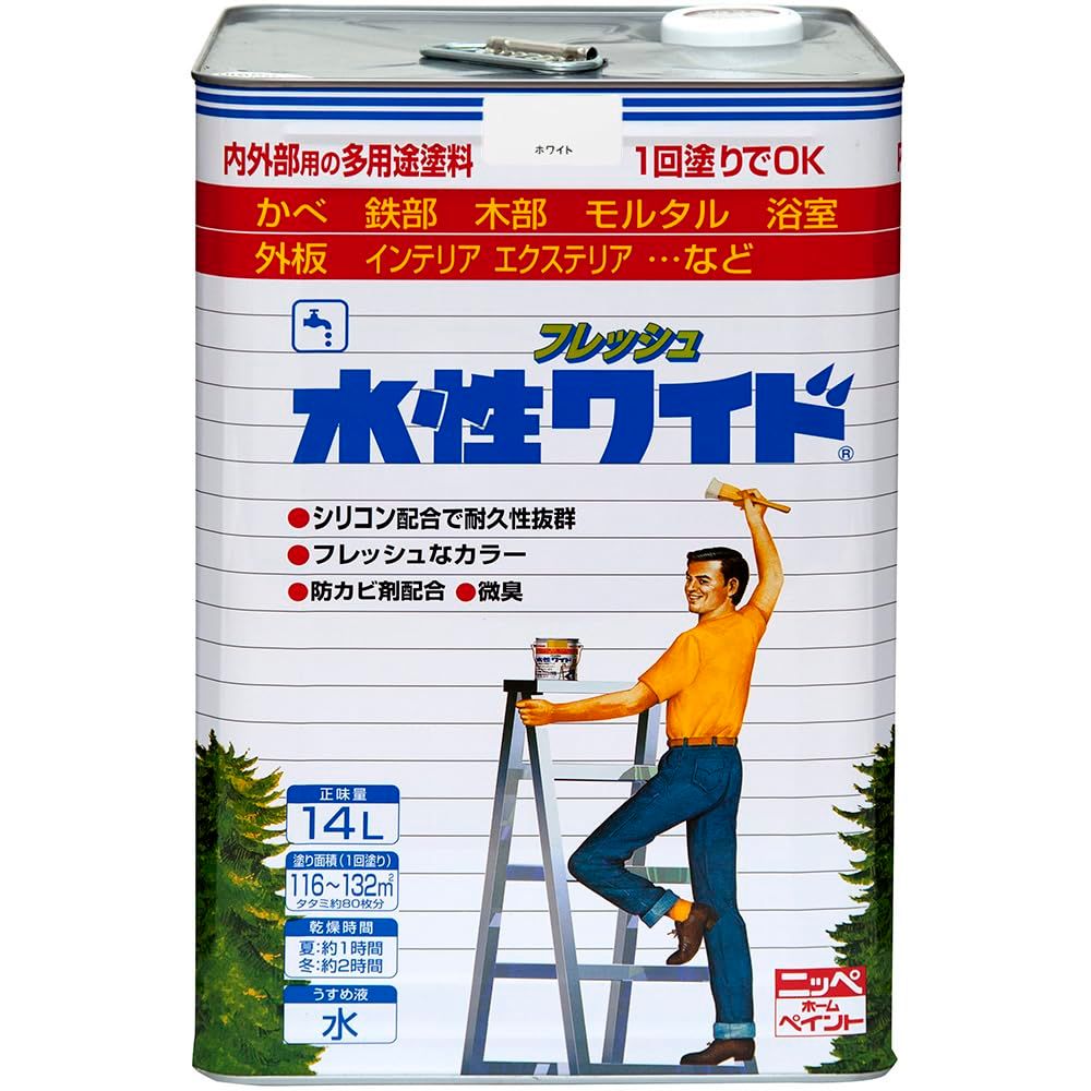 ニッペ ペンキ 塗料 水性フレッシュワイド 14 L ホワイト しろ 水性 3分つや 屋内外 日本製