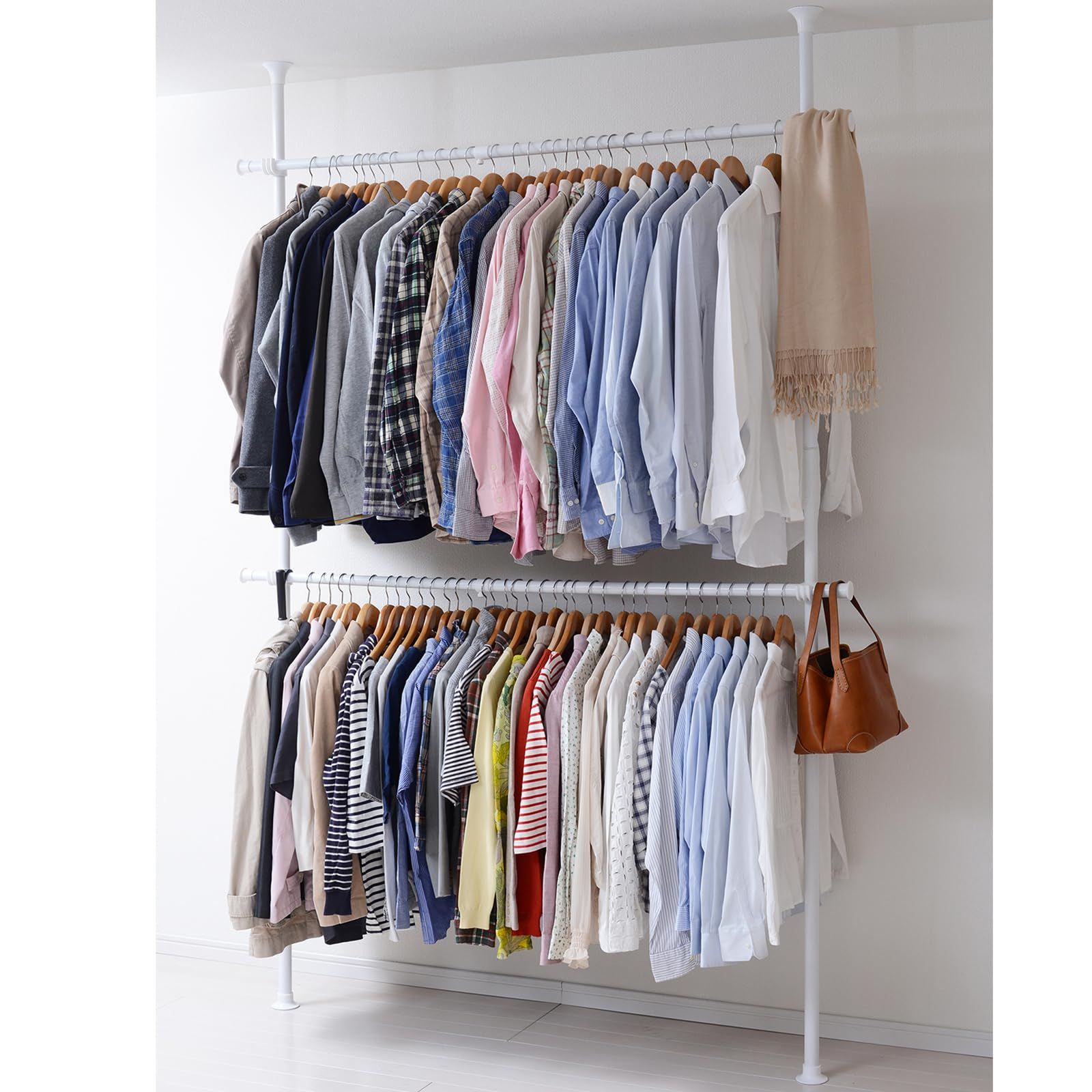 数量 60 kg ダブル 布団も干せる 耐荷重 縦横伸縮 幅90-160 cm 引っ掛け棒付属 衣類収納 組立かんたん 突っ張りハンガーラック ホワイト 山善 YAMAZEN WJ-775 R WH