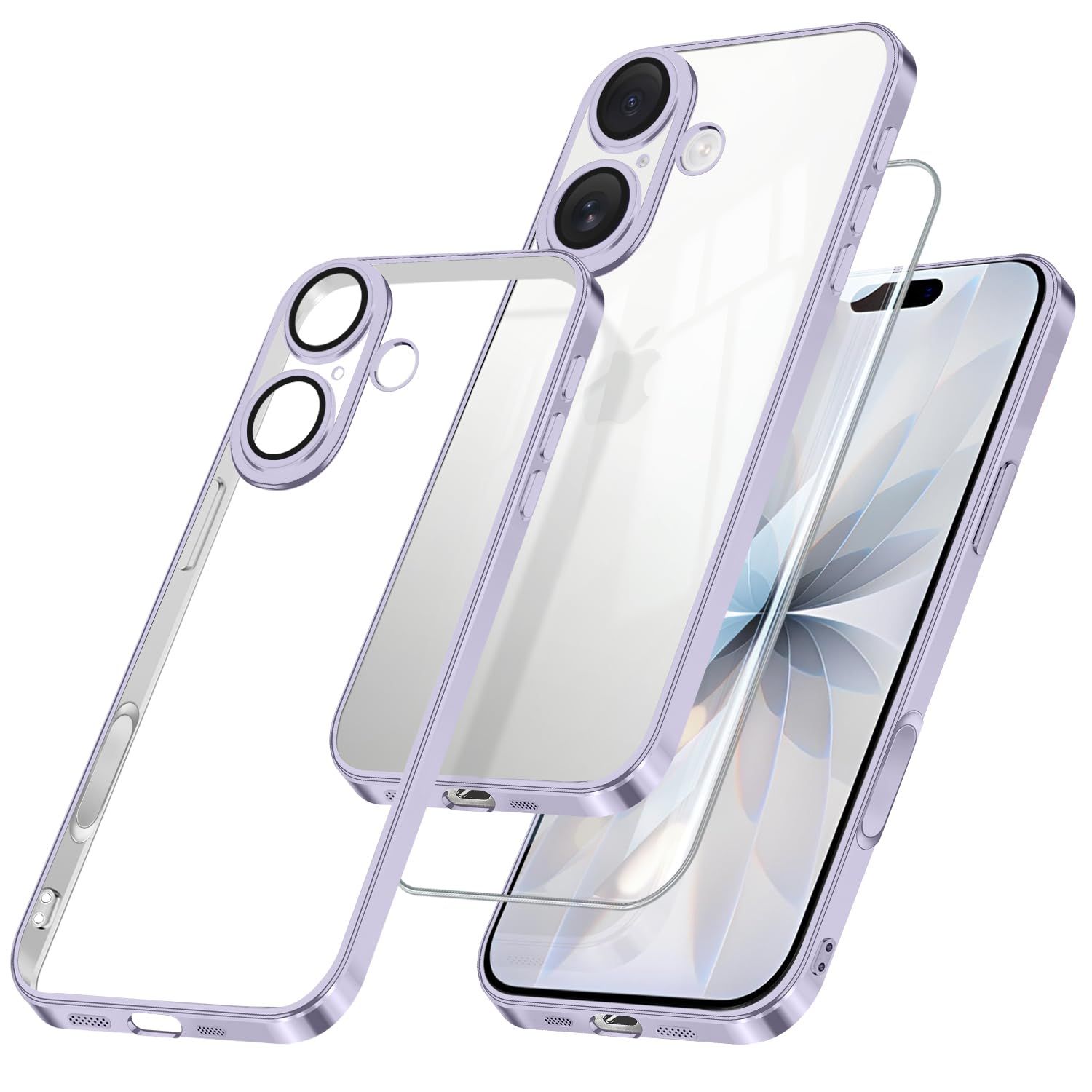 iPhone 17 用 ケース クリア ガラスフィルム アイフォン カバー スマホケース 透明 TPUバンパー 薄型 ストラップホール付き ワイヤレス充電対応 6 .3インチ クリアケース 薄紫