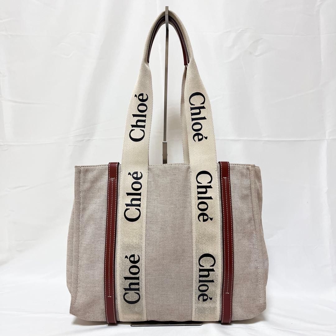 Chloe クロエ ウッディ ミディアム トートバッグ キャンバス レザー ベージュ ブラウン