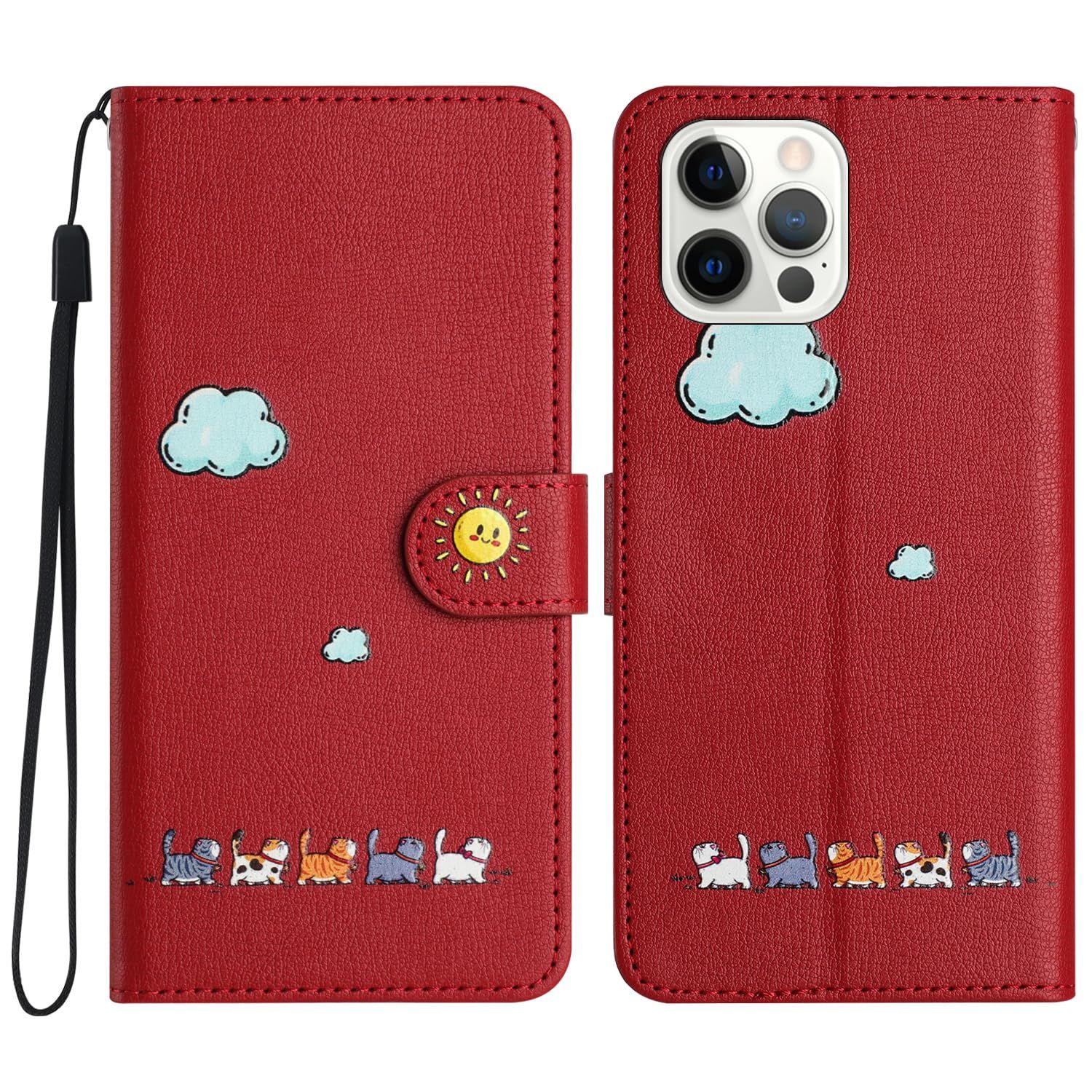 Case for 電話カバー iPhone 17対応 アイフォン17 ケース手帳型おしゃれなストラップ付き キラキラ KKGO 保護ケース カードポケット付き 財布型 横置きスタンド機能付き マグネット式 全面保護 A 5-レッド 1