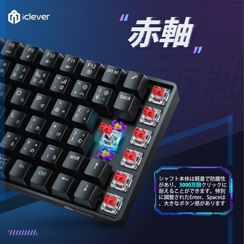 iClever ゲーミングキーボード テンキーレス 赤軸 メカニカル キーボード 日本語配列 88キー 75 サイズ RGB 23種類 バックライト カスタマイズ 静音 有線 着脱式ケーブル ゲーム オフィス用 パソコンキーボード