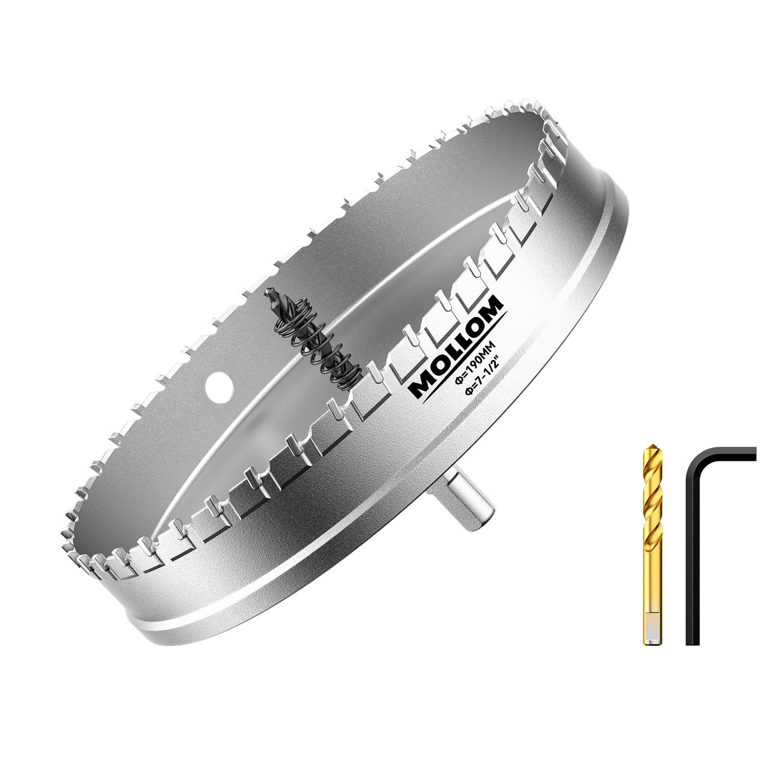 Mollom 7 1 2インチ 190 mm 高耐久超硬ホールソー パイロットドリルビット ホールカッターはステンレス鋼 軟鋼 鉄 銅 真鍮 プラスチックをカットします