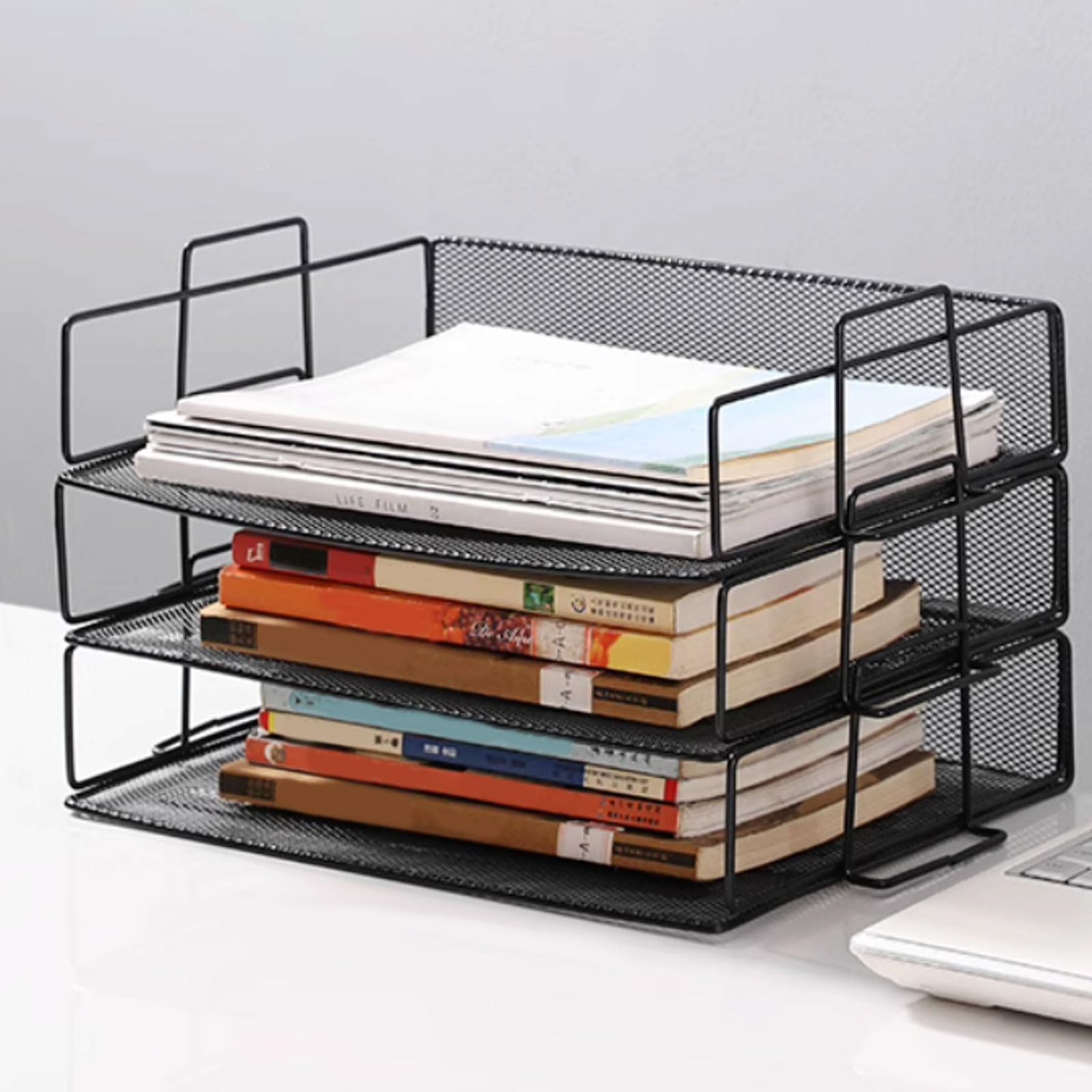 書類トレー 書類整理 卓上収納 A 4レターケース 文房具収納 メッシュメタル オフィス 文房具収納|書類|小物入れ|新聞|雑誌|A 4ファイル|フォルダー ブラック 3 pcs|set