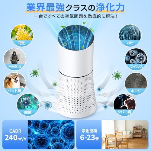 空気清浄機 HEPAフィルター 360°強力浄化 脱臭 除菌 小型空気清浄機 23~40畳対応 静音 軽量 省エネ 3段階風量設定 睡眠モード 脱臭機 アレルギー 強力脱臭 ウィルス PM 2.5 集じん 空気循環 チャイ 778 cc 6 fc