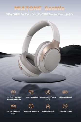 MIATONE Seattle Bluetooth 5.4 ワイヤレス ヘッドホン ハイブリッドアクティブノイズキャンセリング 最大48 dB | 無線- AUX有線接続|外音取り込みモード|重低音|ヘッドホン収納ケース付き 最 96 f 4934 c
