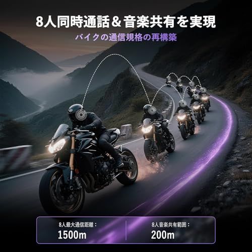 バイク インカム JX 01バイク用インカム Bluetooth 5 4性能進化 8人同時通話 8人音楽共有 アプリ直操 通知音量可変 3種音楽効果 aptX HD技術を搭載 3 Dノイキャン 高い耐干渉性 通信距離1500 m 高速通信 423 d 7 dec