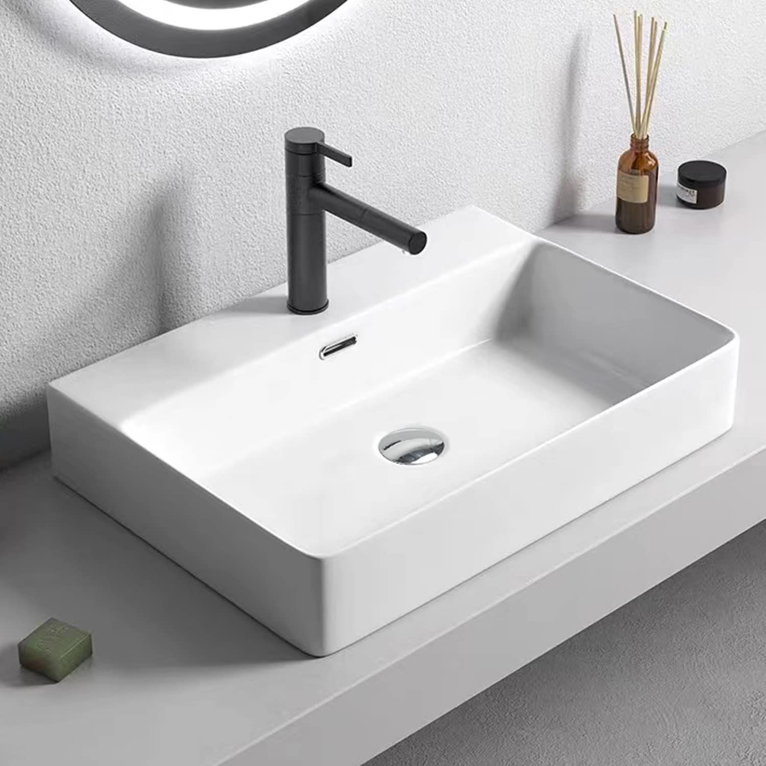 JOMOWN 排水セット付き 大型 洗面ボウル 洗面台 おしゃれ 洗面ボール 置き型 陶器製 手洗い器 手洗いボウル 610*425*130 mm 長方形