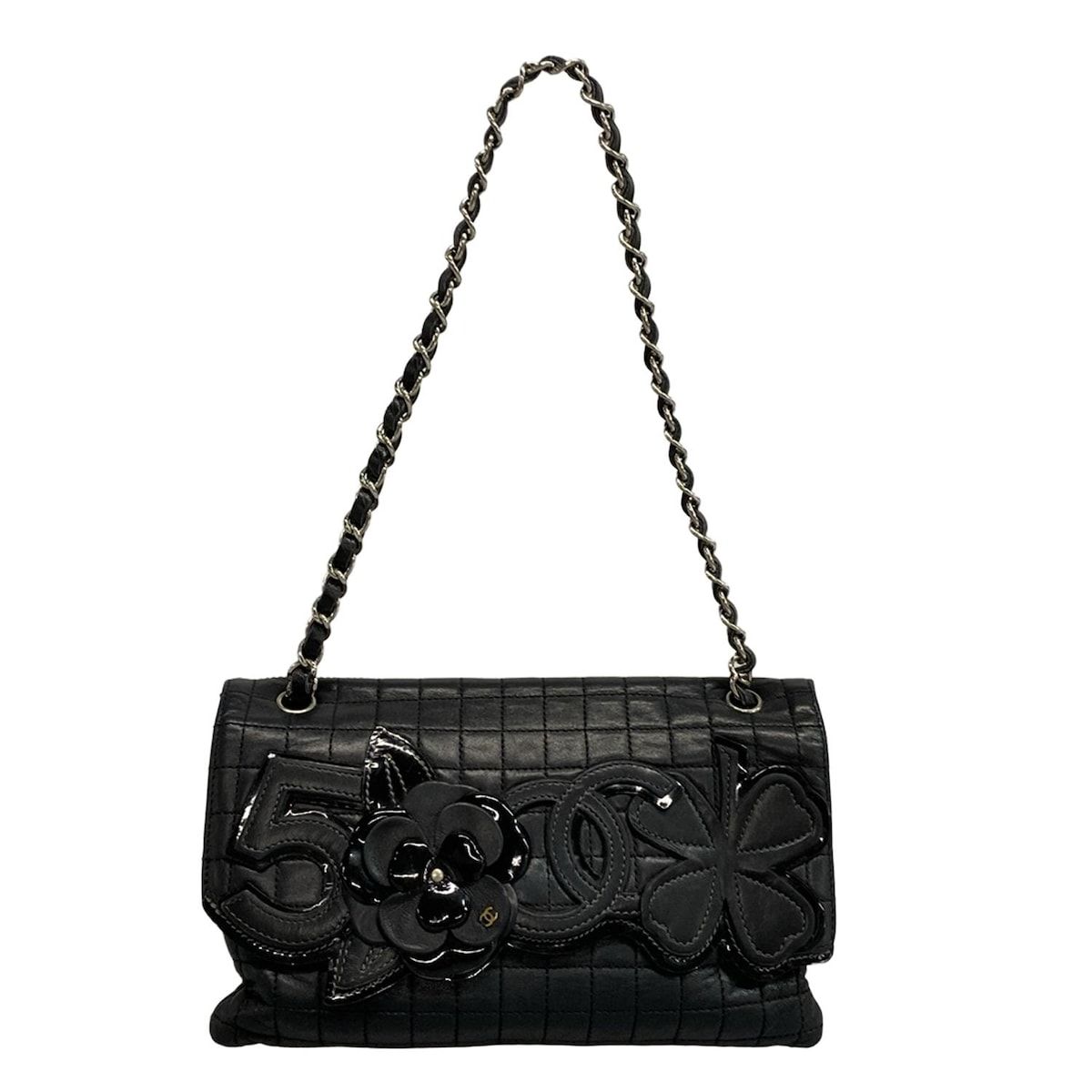 CHANEL シャネル ショルダーバッグ カメリア|No 5 黒 チェーンショルダー|シルバー金具 レザー ラムスキン