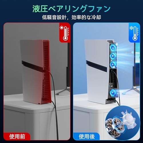 PS5 Pro対応 冷却ファン | 温度センサー＆LEDライト搭載 | USB3.0ポート付き 背面クーリングファン（ディスク＆デジタル両対応） (四連ファンタイプ)☆彡