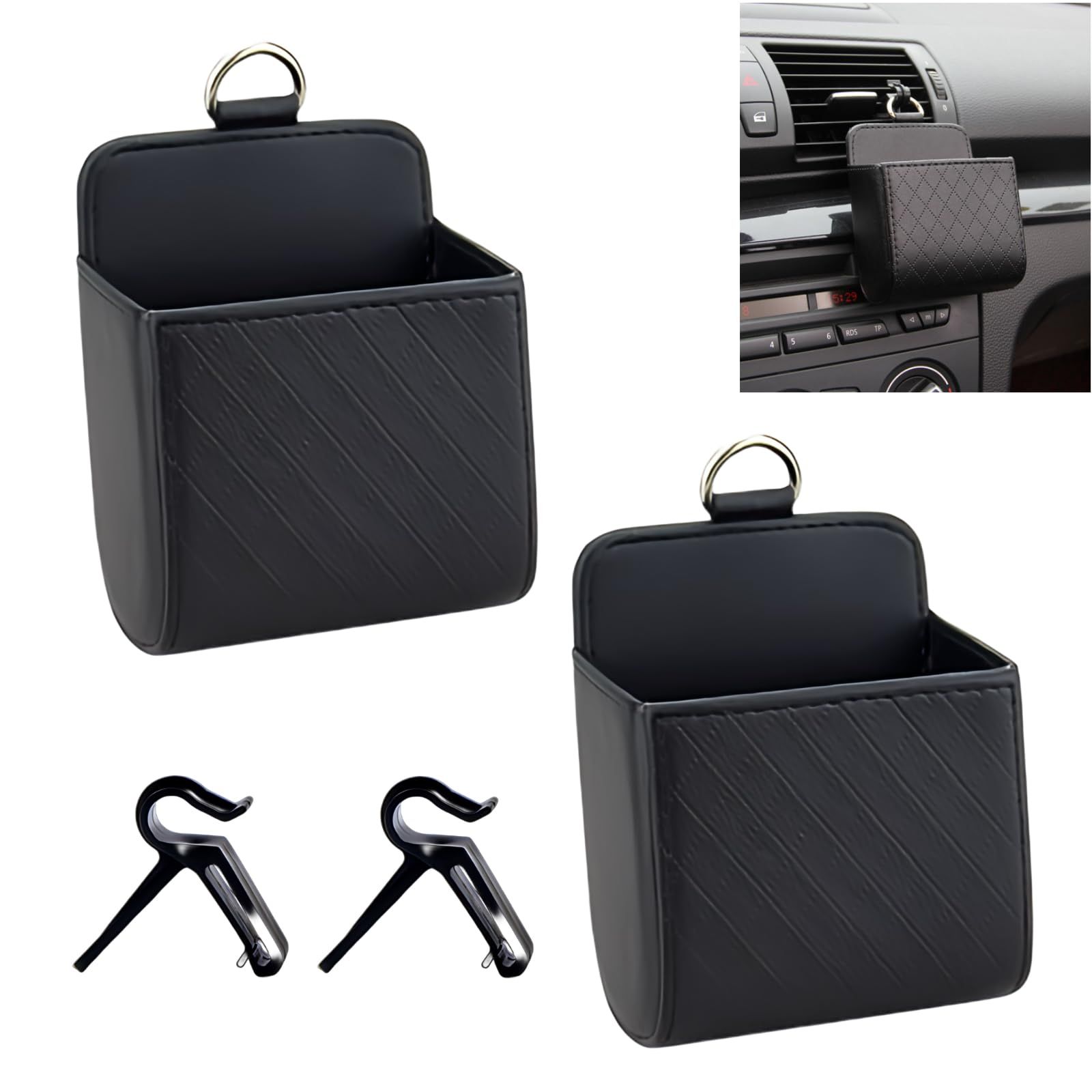 車用 小物入れ エアコン吹き出し口 収納ポケット PUレザー セット カー用品 スマホホルダー 取付簡単 車内収納グッズ ブラック