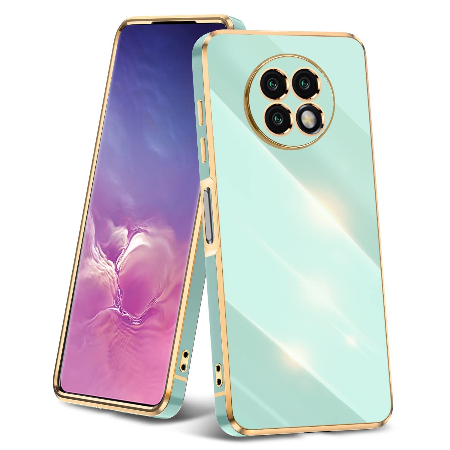 Xiaomi Redmi Note 9 T 用 ケース クリア 耐衝撃 TPU レンズ保護 ソフトケース 透明 メッキ加工 ワイヤレス充電 シャオミ 5 G カバー ラップホール付き 薄型 軽量 メッキ枠 グリーン|ゴ