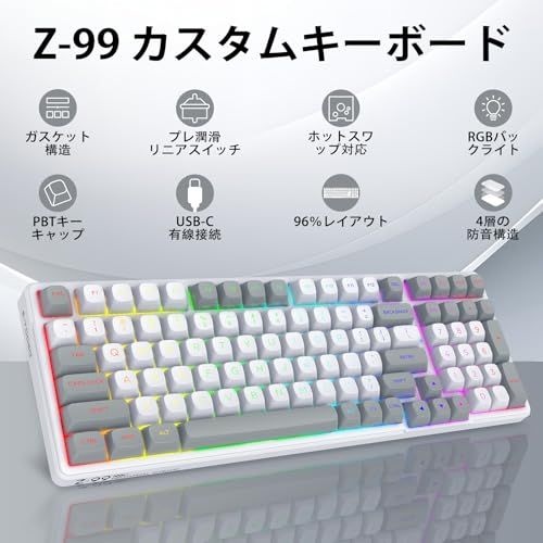e元素 Z 99 メカニカルゲーミングキーボード 銀軸 英語配列 99キー テンキー付き 有線USB C 4層吸音ガスケット構造 RGBバックライト付き 全キー防衝突 PS 5 Windows Mac PC 対応 ホワイト グレー 24 e 8180 b