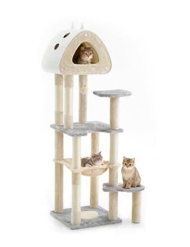 キャットタワー スリム 猫タワー 据え置き 多頭飼い 省スペース 登りやすい ハンモック 見晴台 シニア猫 ねこハウス 天然麻紐 爪とぎ 運動不足解消 かわいい 組み立て簡単 グレー 143 ff 0 e 3668