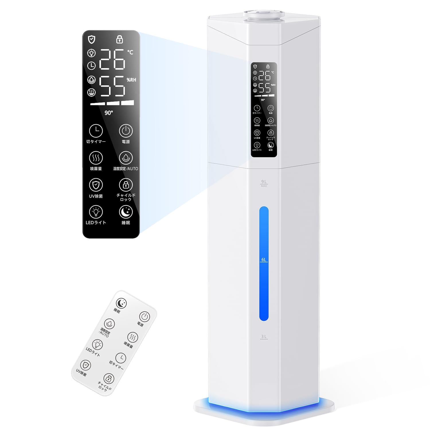Yutogen 加湿器 大容量 9 L タワー型 最長60 H連続運転＆省エネ 超音波式 多重除菌 空気浄化 アロマ対応 最大加湿量350 ml|h 上から給水 大型 加湿機 お手入れ簡単 1～24時間切タイマー 静音 ミスト量3段階調節 恒湿機能 乾燥対
