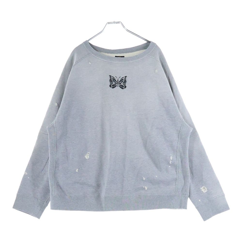 Needles ニードルス - 刺繍ロゴ ダメージ加工 スウェット トレーナー グレー RW 336