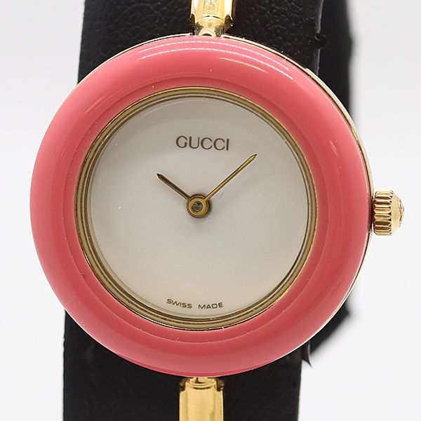 保 稼働 グッチ チェンジベゼル 11/12.2 QZ ホワイト文字盤 レディース
