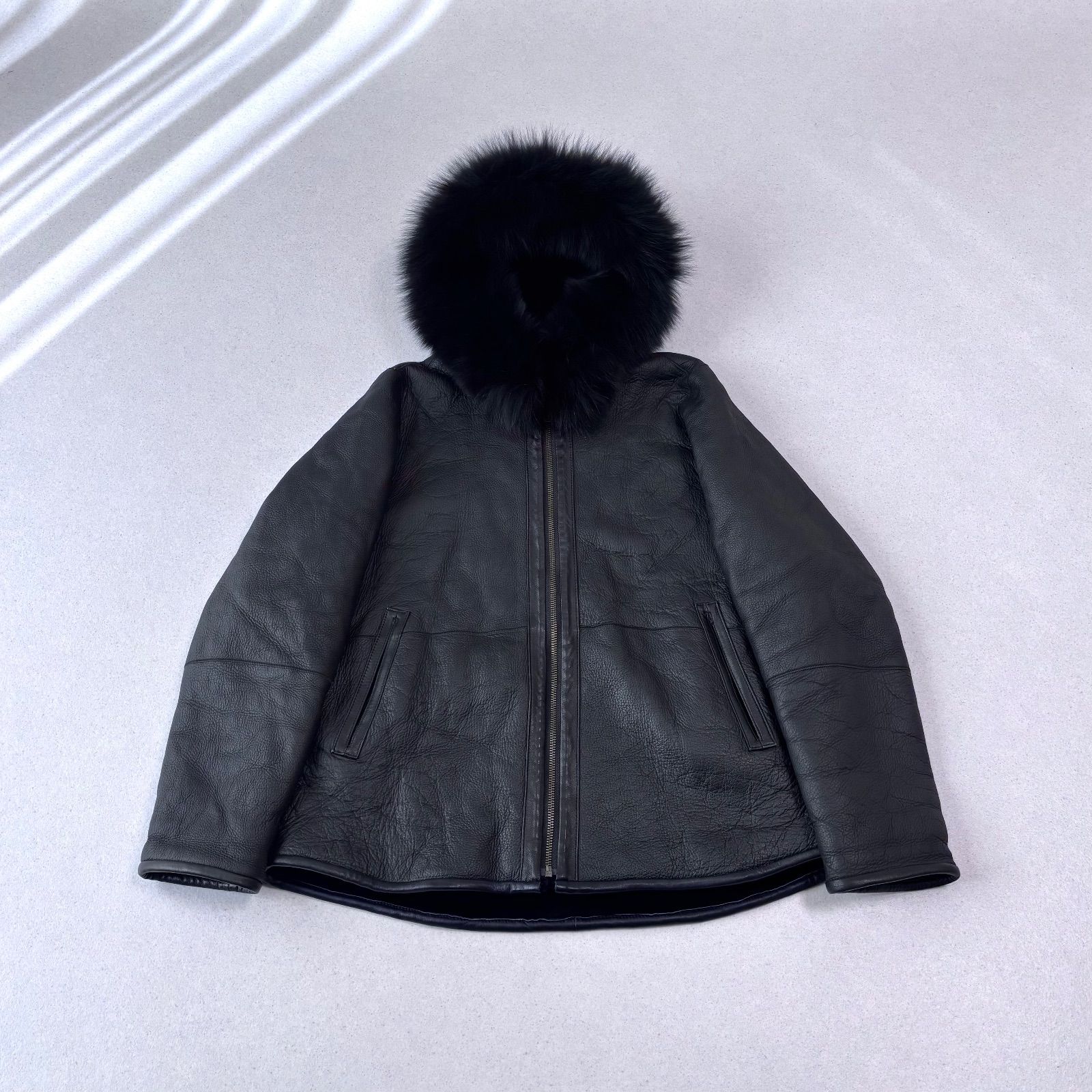 Tiedeur 元町ゼラール ムートン フォックスファー リバーシブル ショートコート ジャケット 羊革 本革 毛皮 レザー リアルファー ジップアップ フード 2 WAY ブラック 黒 レディース Lサイズ