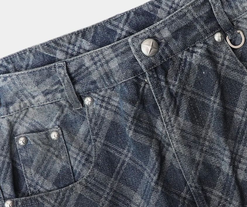  BADBLOOD デニムパンツ ブルーチェック ワイドパンツ ブーツカットデニム フレアデニム デニム ジーンズ