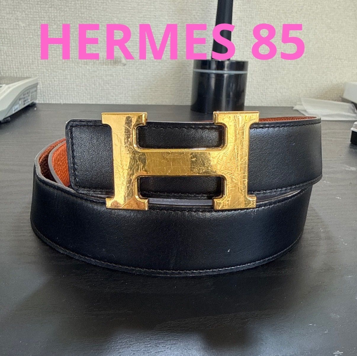 HERMES エルメス コンスタンスリバーシブルベルト85 ゴールドカラーバックル ブラック|オレンジ ユニセックス