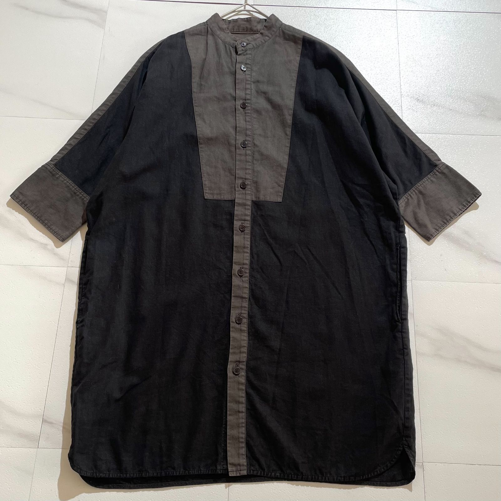 Y s ワイズ YOHJI YAMAMOTO ヨウジヤマモト リネンコットン バンドカラーシャツワンピース ロング オーバーサイズ バイカラー 麻 綿
