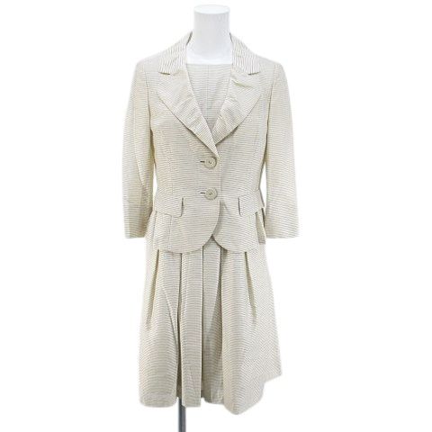 ランバン LANVIN セットアップ ボーダー 八分袖 ジャケット 薄手 ノースリーブ 膝丈 フ ワンピース 絹 シルク 36 ベージュ系 日本製 シースルー 透け感 裏地