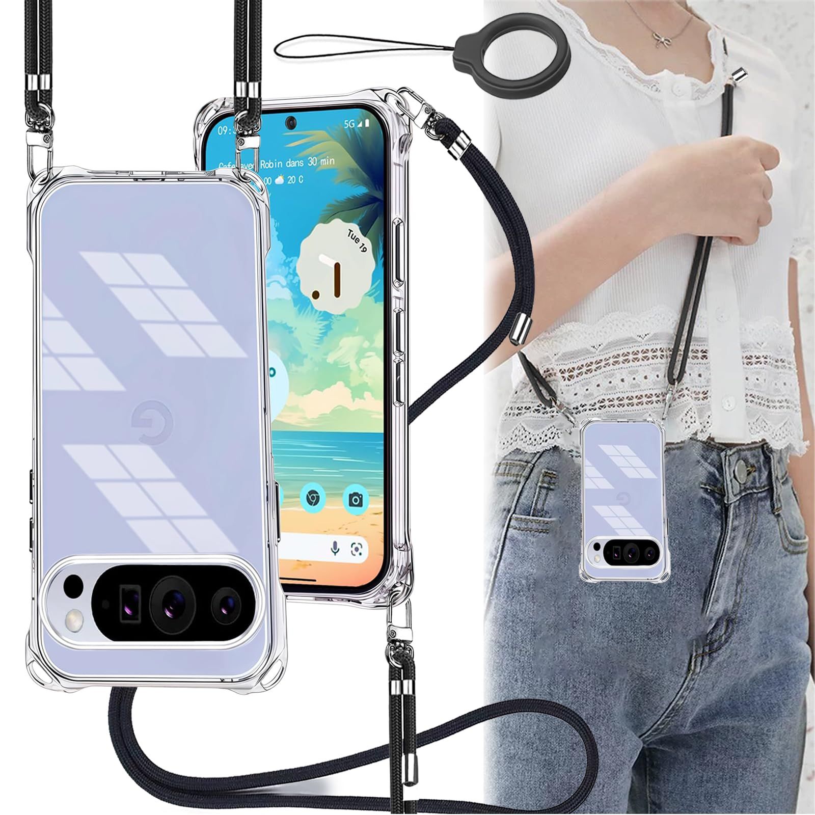 新品 OJBSEN Google Pixel 10/Pixel 10 Pro ケース グーグルピクセル pixel10/10プロ カバー [ストラップ2枚付き] 調節可能な ショルダー 肩がけ 首掛け 紐付き ストラップホール付き 薄型 透明 シリコン TPU