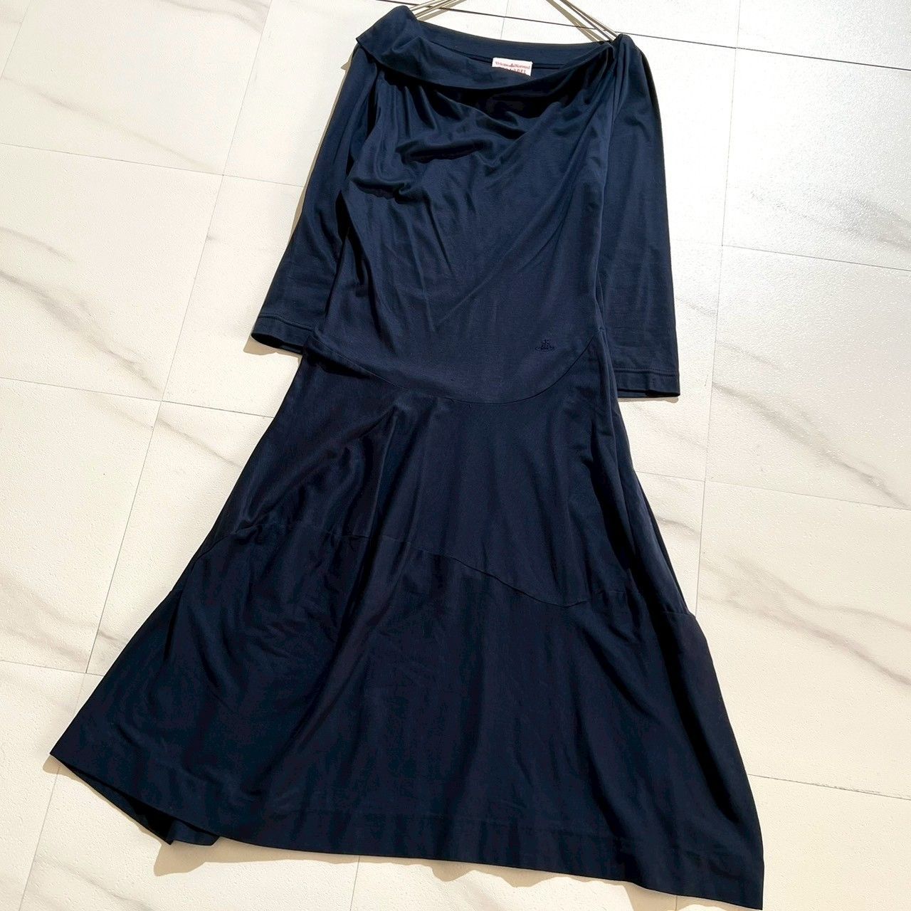 ヴィヴィアンウエストウッドレッドレーベル 変形ドレープワンピース オーブ刺繍 フ Aライン ロング マキシ ネイビー 綿 コットン レーヨン サイズ2 M相当