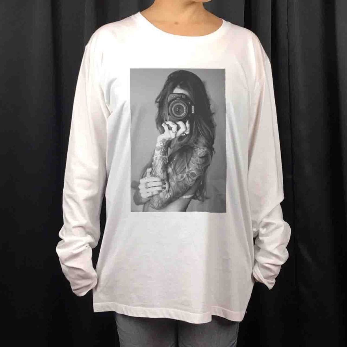 オリジナル ロンT ハード タトゥー TATOO フォトグラファー カメラ ガール S M L XL タイト ジャスト 大きい ビッグ オーバーサイズ メンズ レディース ユニセックス ピンククリーム