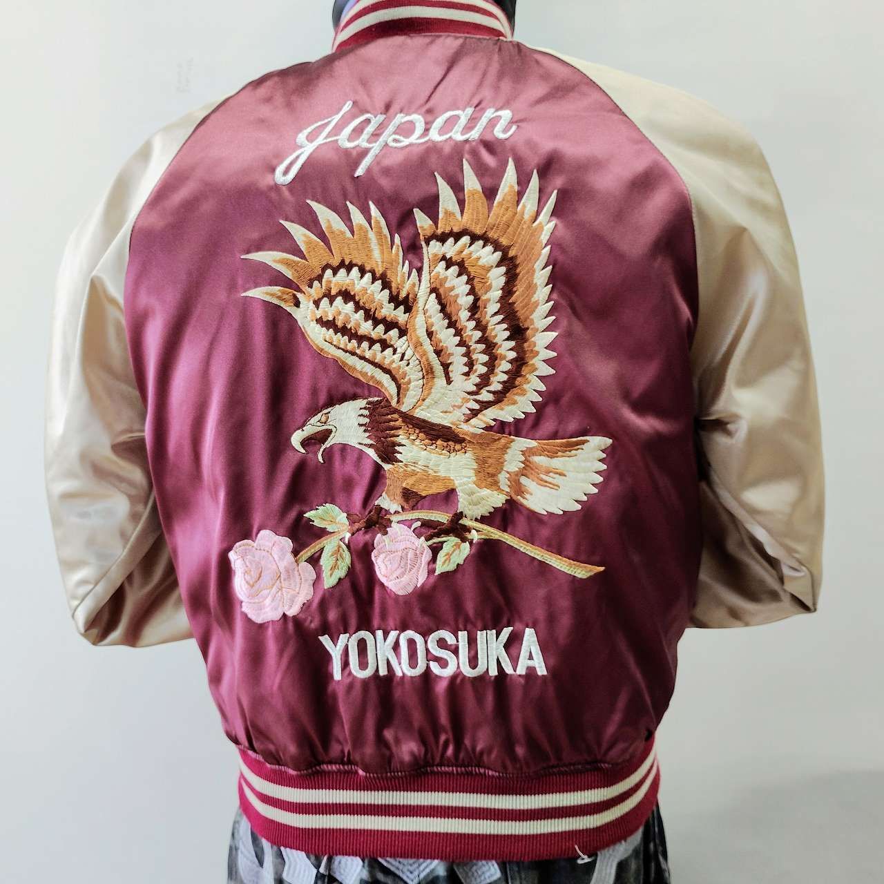 鷹 刺繍 スカジャン ワイン L LL Embroidered jumper SUKAJYAN