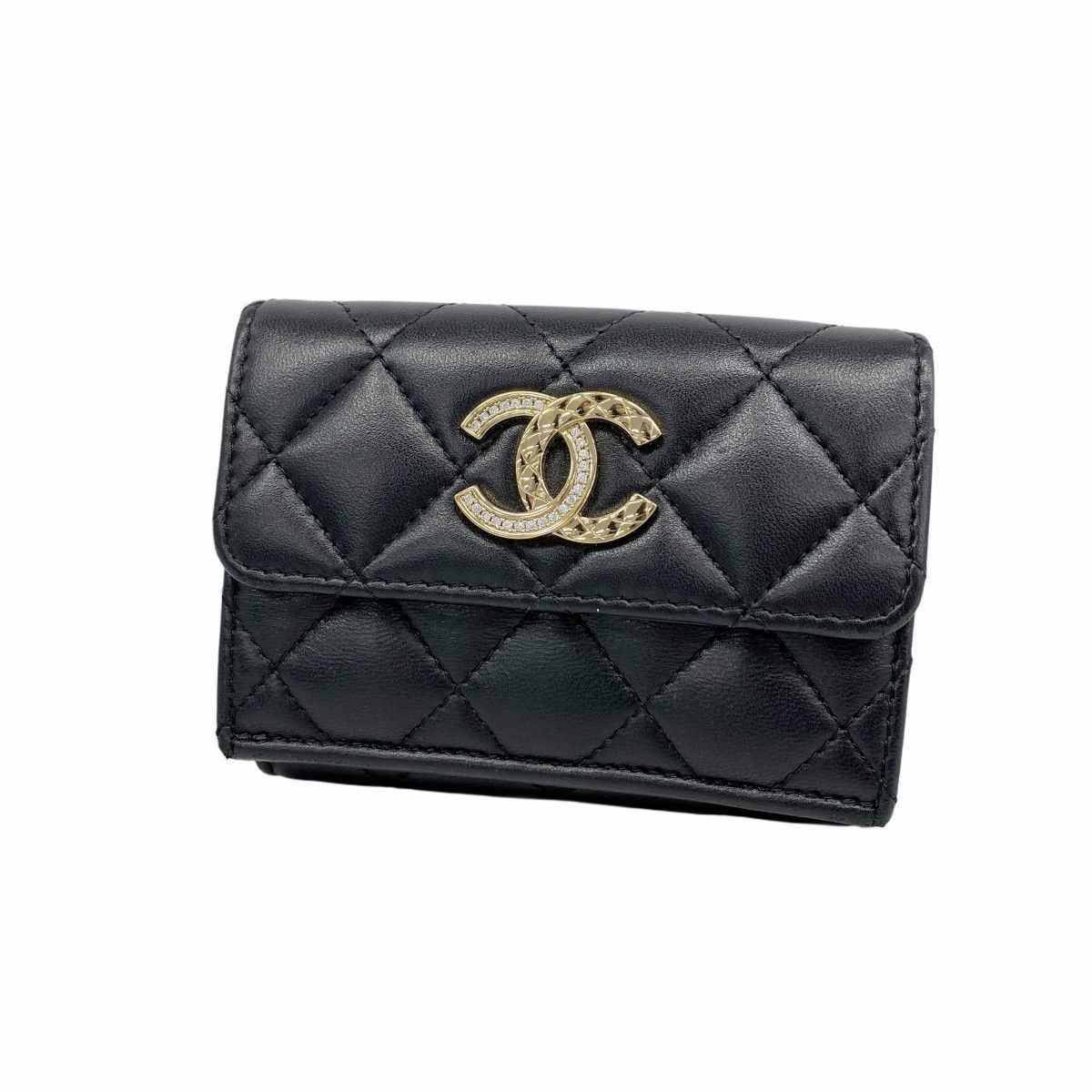 6 ab 0792-k シャネル 三つ折り財布 マトラッセ ラムスキン ブラック シャンパンゴールド金具 レディース