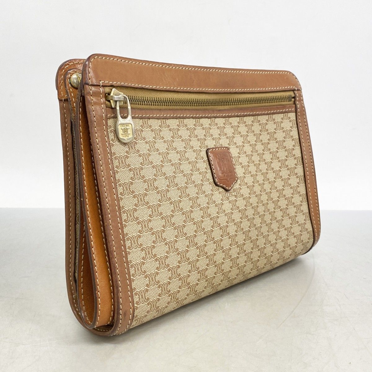 6 ab 1120 セリーヌ クラッチバッグ マカダム PVC ブラウン ゴールド金具 メンズ