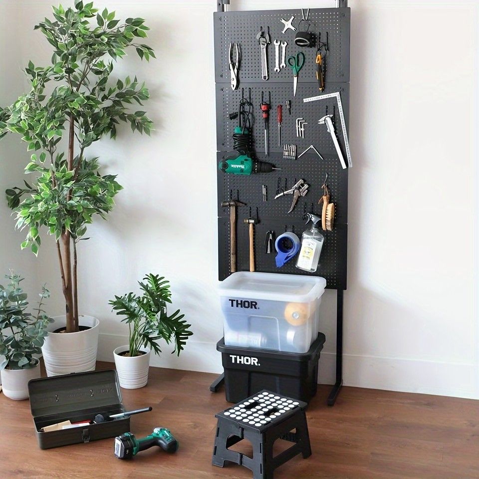 簡単設置＆壁面収納 突っ張りパンチングボード マグネット対応 幅30|60 cm スチール製 パーテーション 壁面ラック 穴あきボード 磁石 壁掛け収納 DIY 賃貸OK ブラック|ホワイト ブラック