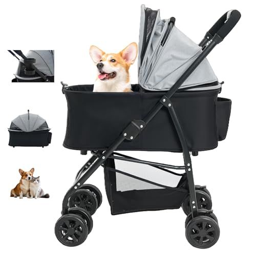 Fantoxcyペットカート 犬用ベビーカー 小型 中型犬に適し 猫にも適し 取り外し 軽量 20 kg な4輪PU耐摩耗性ホイール コンパクトな多頭飼いベビーカー 360度回転 後輪ブレーキ ワンボタン開閉 お手入 1 cb 024 a