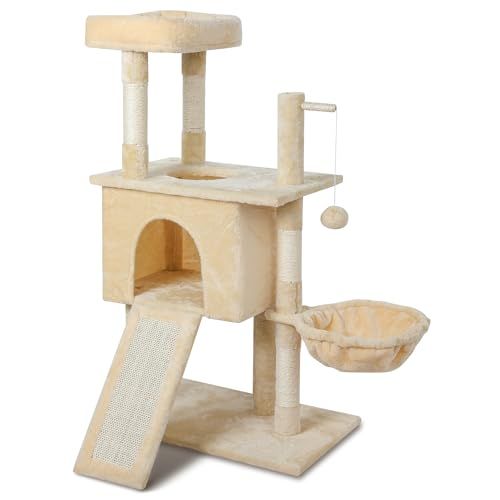Saiveina キャットタワー 猫タワー 多頭飼い 据え置き スリム設計 安定感 見晴台 ねこハウス ボンボンおもちゃ ハンモック 猫ベッド 天然麻紐 爪とぎ 隠れ家 運動不足解消 高さ98 cm ベージュ cea 08 cd 0