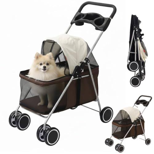 iimono 117 ペットカート 犬用カート 前輪360°回転 後輪ブレーキ 多頭用 4輪軽量 耐荷重15? メッシュ ドリンクホルダー マット付き 飛び出し防止 ペットキャリー 小型犬 中型犬 老犬 介護用 ブラウン f 0947447