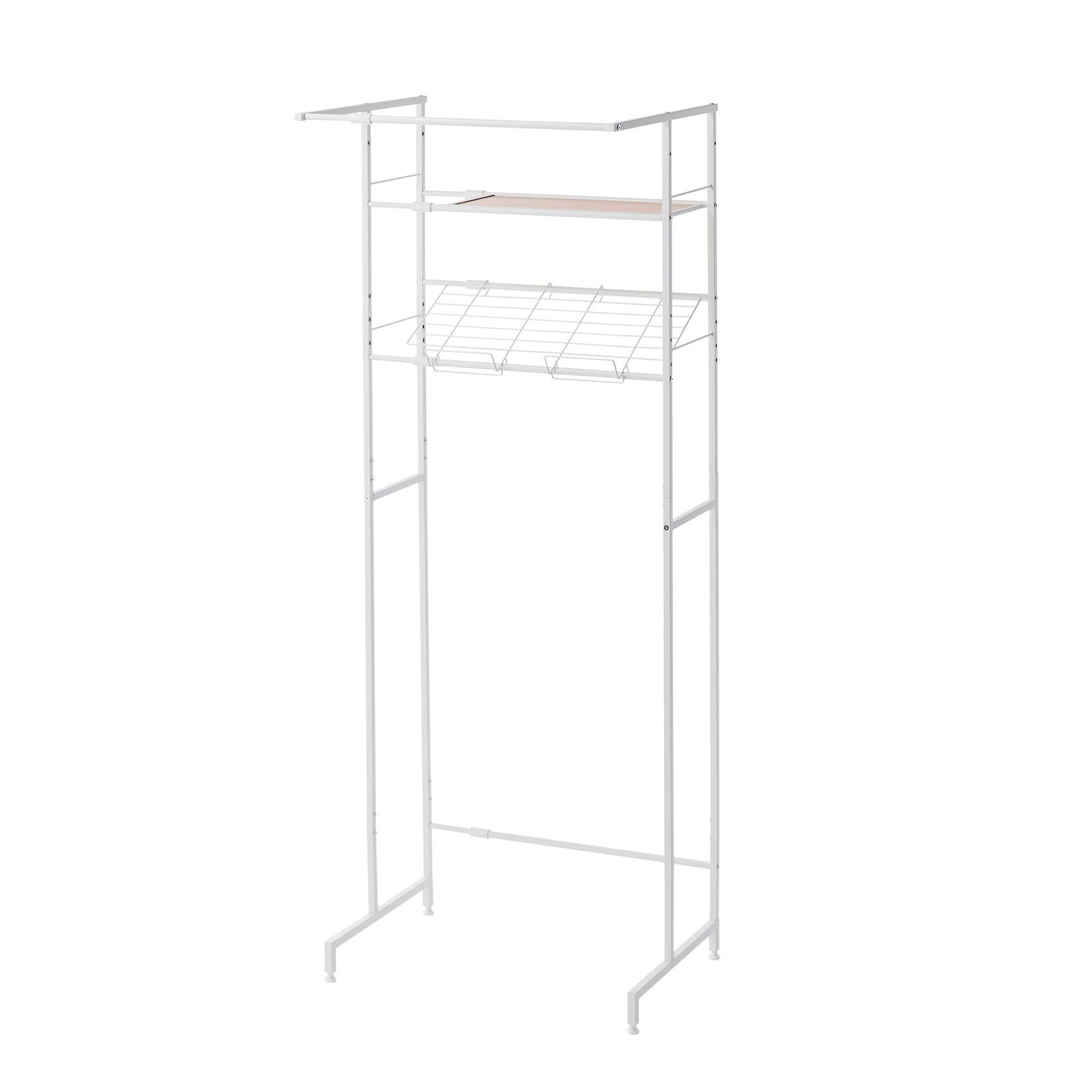 HEIAN SHINDO ランドリーラック バスケット台 ハンガーバー付き 角パイプ 木目マットホワイト 幅64~82×奥行53×高182 cm HSR-4 WH