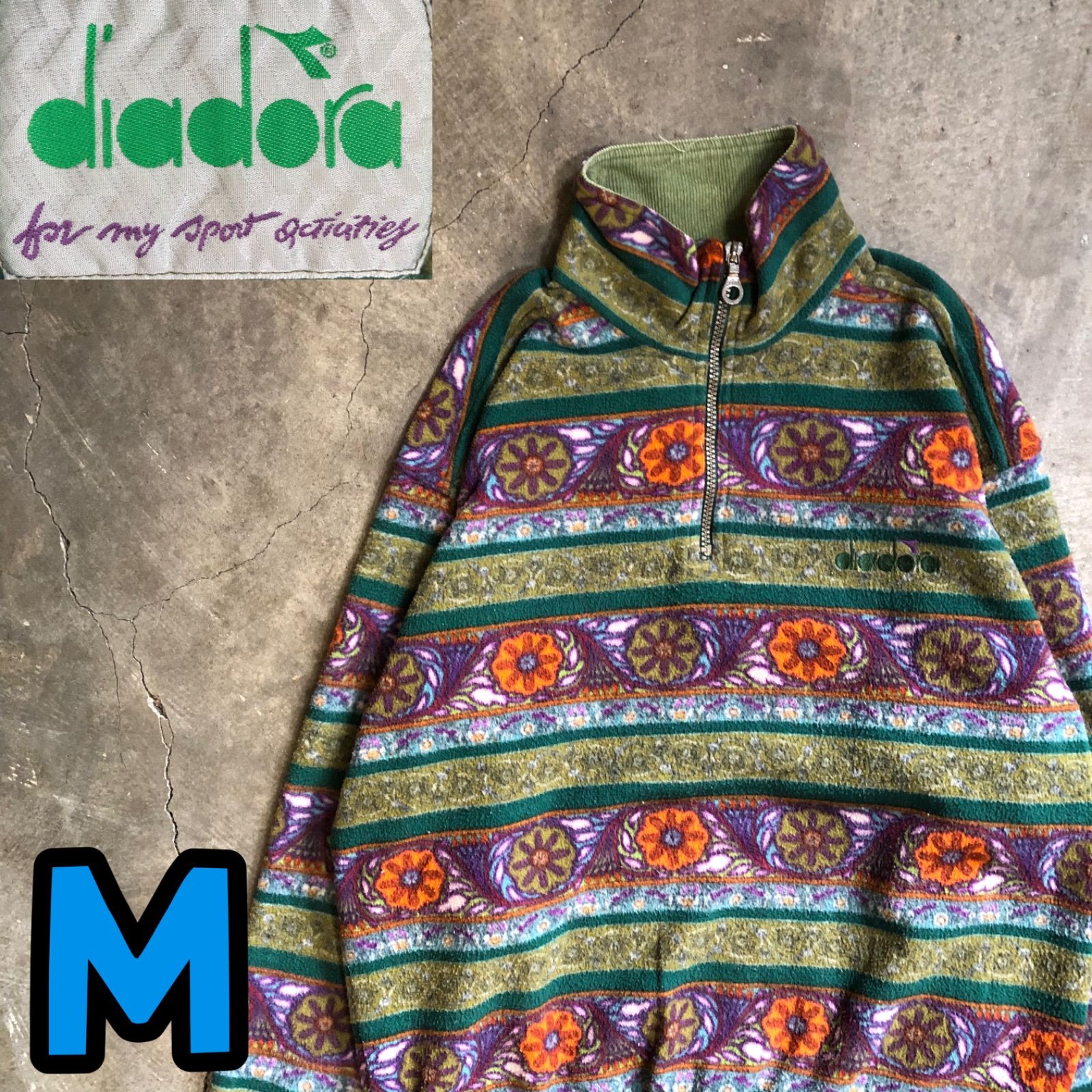 T 7287 diadora ハーフジップ フリース 総柄 古着