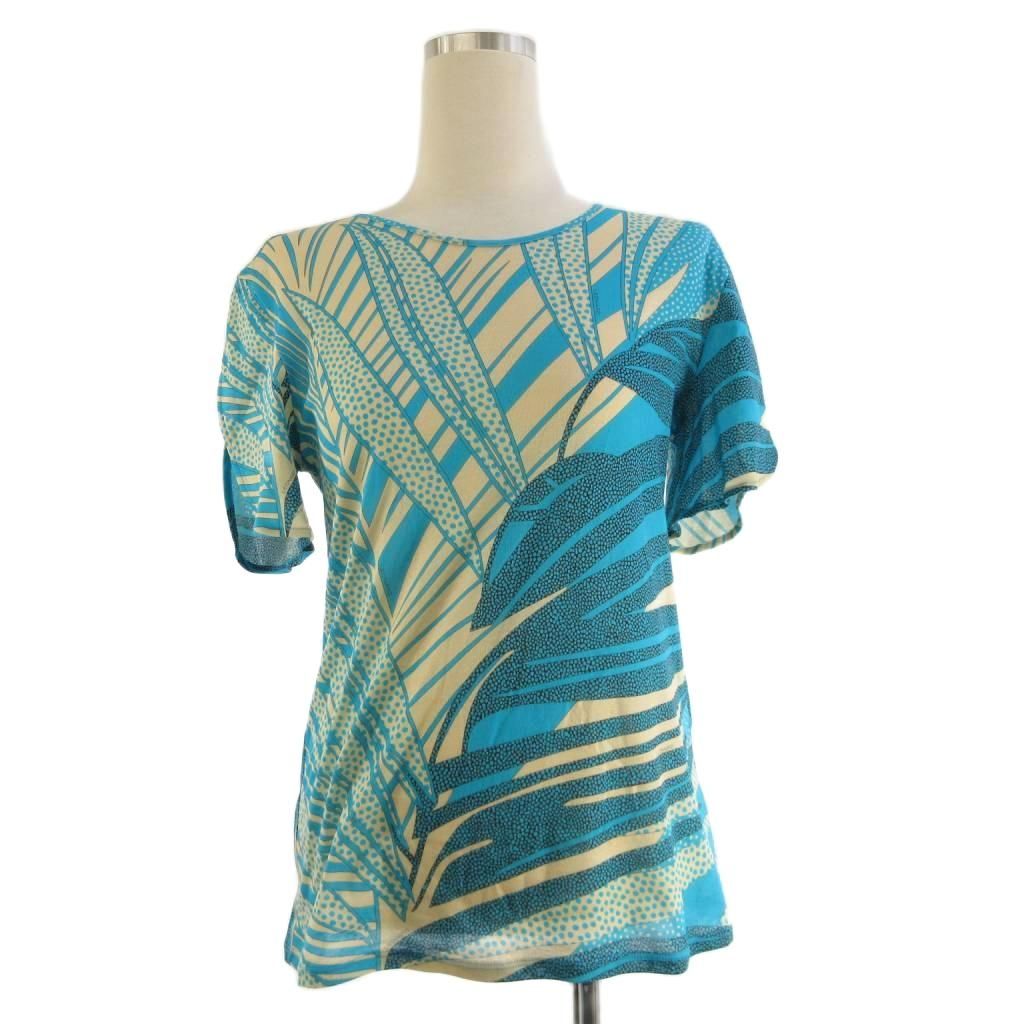 レオナールスポーツ LEONARD SPORT カットソー 半袖 クルーネック 総柄 コットン 青 ブルー アイボリー 38 ECT