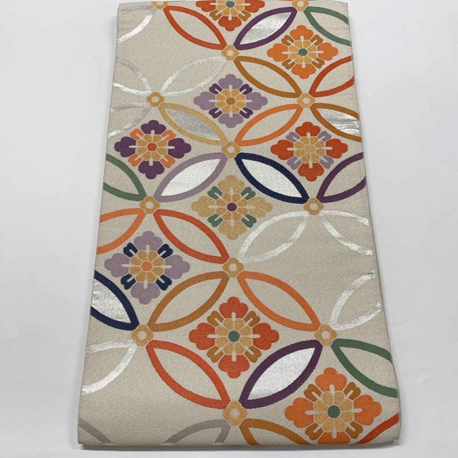 6565］袋帯 花菱七宝文様 シルバー 六通 正絹 着物 フォーマル - メルカリ