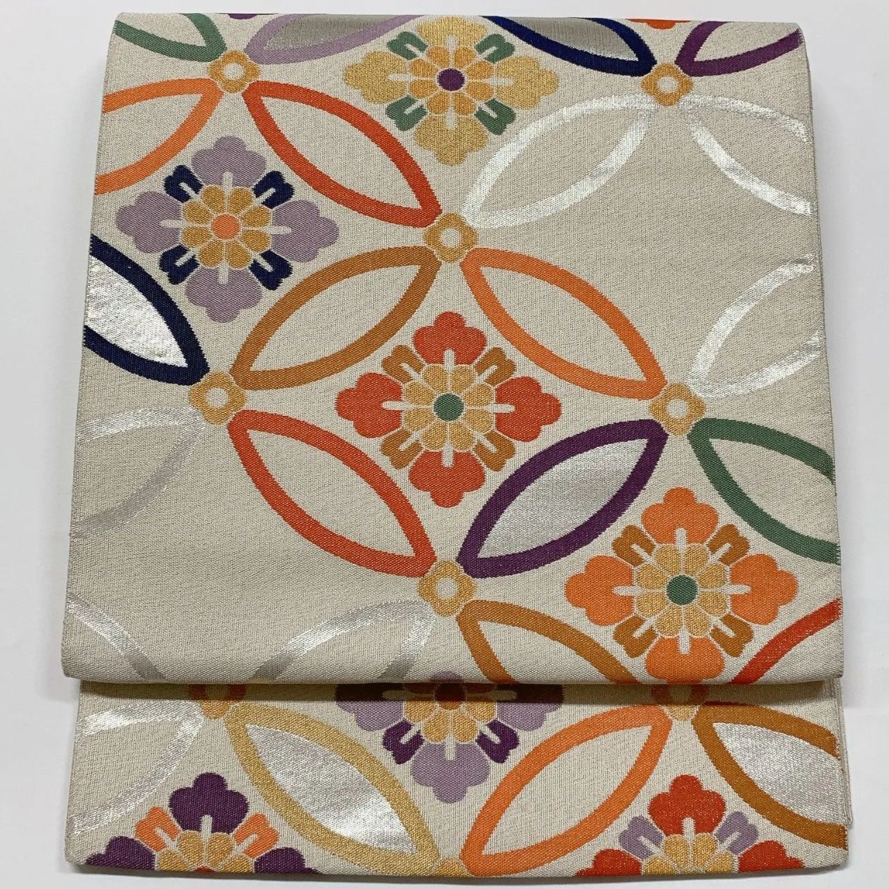 6565］袋帯 花菱七宝文様 シルバー 六通 正絹 着物 フォーマル - メルカリ