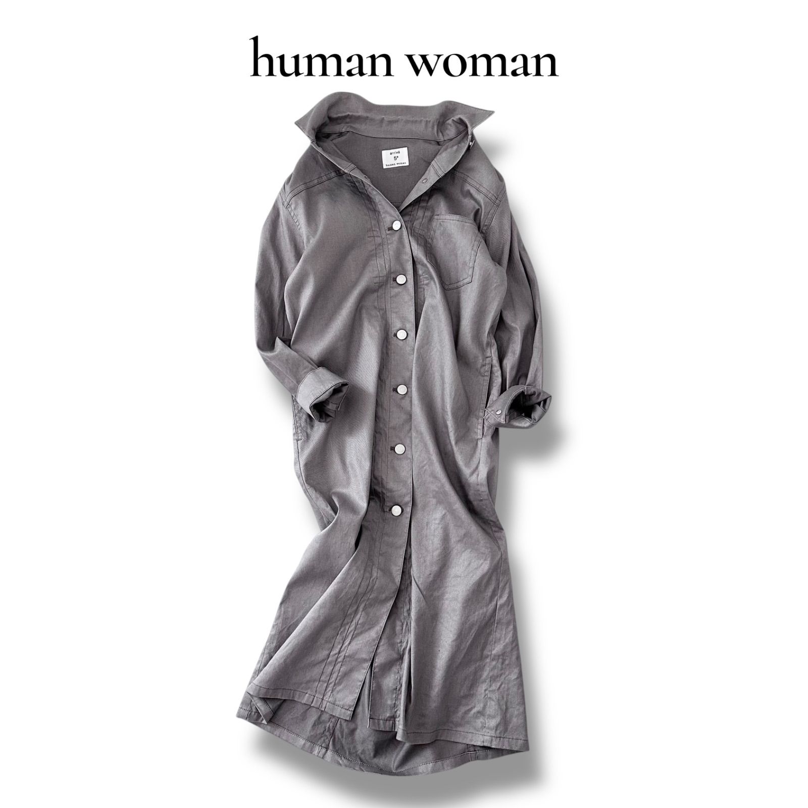 ヒューマンウーマン HUMAN WOMAN Gジャン ワンピース 麻混 ストレッチ arrive 5e グレー 美品 M