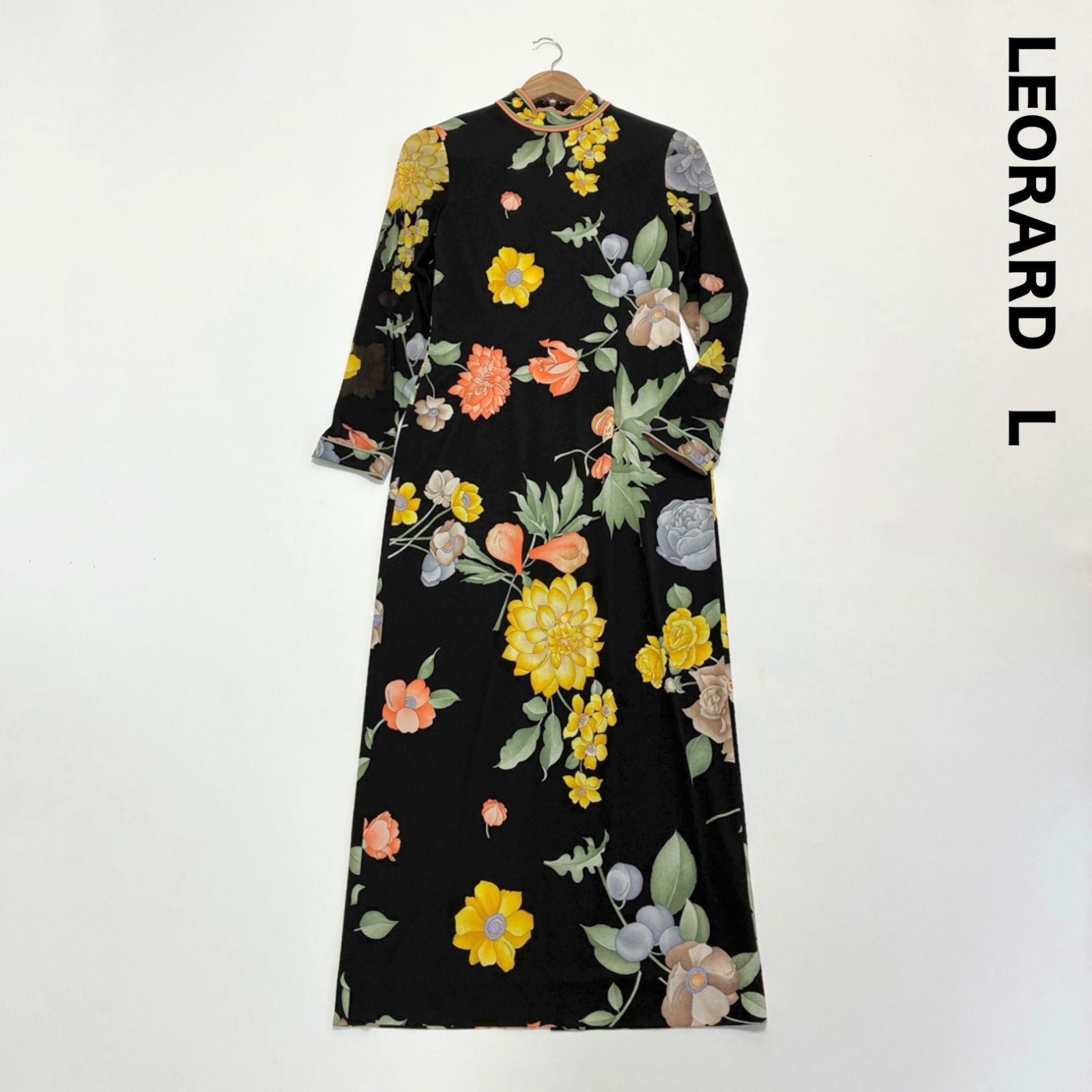 美品✨ レオナール カンカン素材 L 花柄 蝶々 半袖ニット トリム LEORARD レオナール☆ハイネックお袖シアーロングワンピース L 後ろ