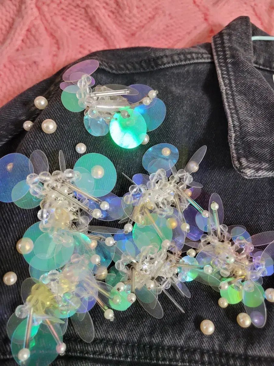 デニム スパンコール パール 装飾 ジャケット