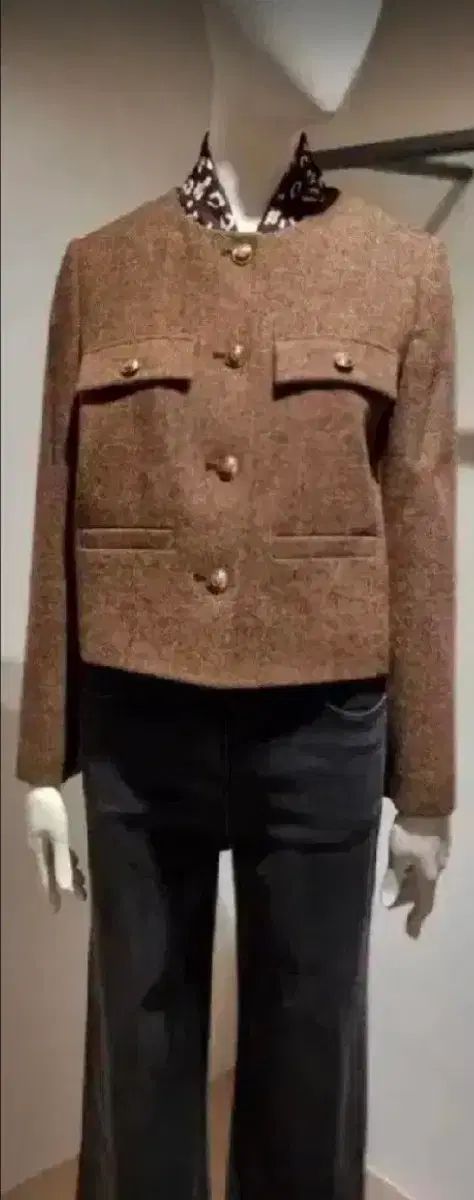 SHESMISS シーズミス ヘリンボーン ゴールド装飾ボタン ポケット装飾 ジャケット キャメル ブラウン