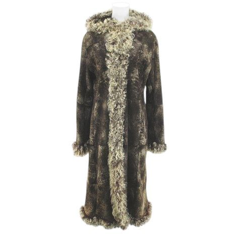 サンローズ SUN ROSE ムートンコート ロング丈 ラビットファー 毛皮 L 茶系 ブラウン ホック ポケット